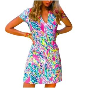 Lilly Pulitzer Layton Dress Pink Blue Multi Palm Reader V Neck Dress Size S